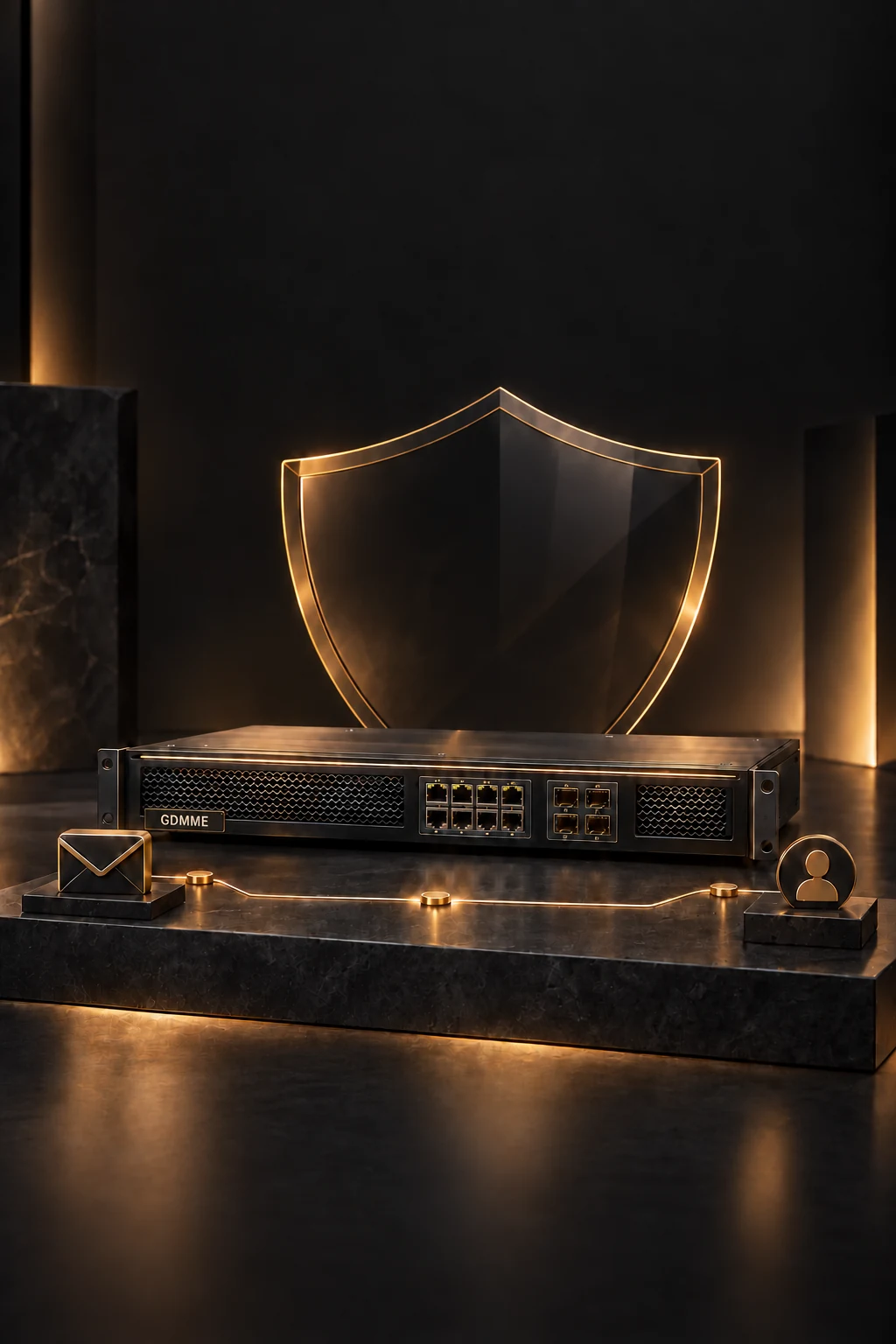 Black and gold GDMME appliance concept with a shield, email and identity symbols for security education