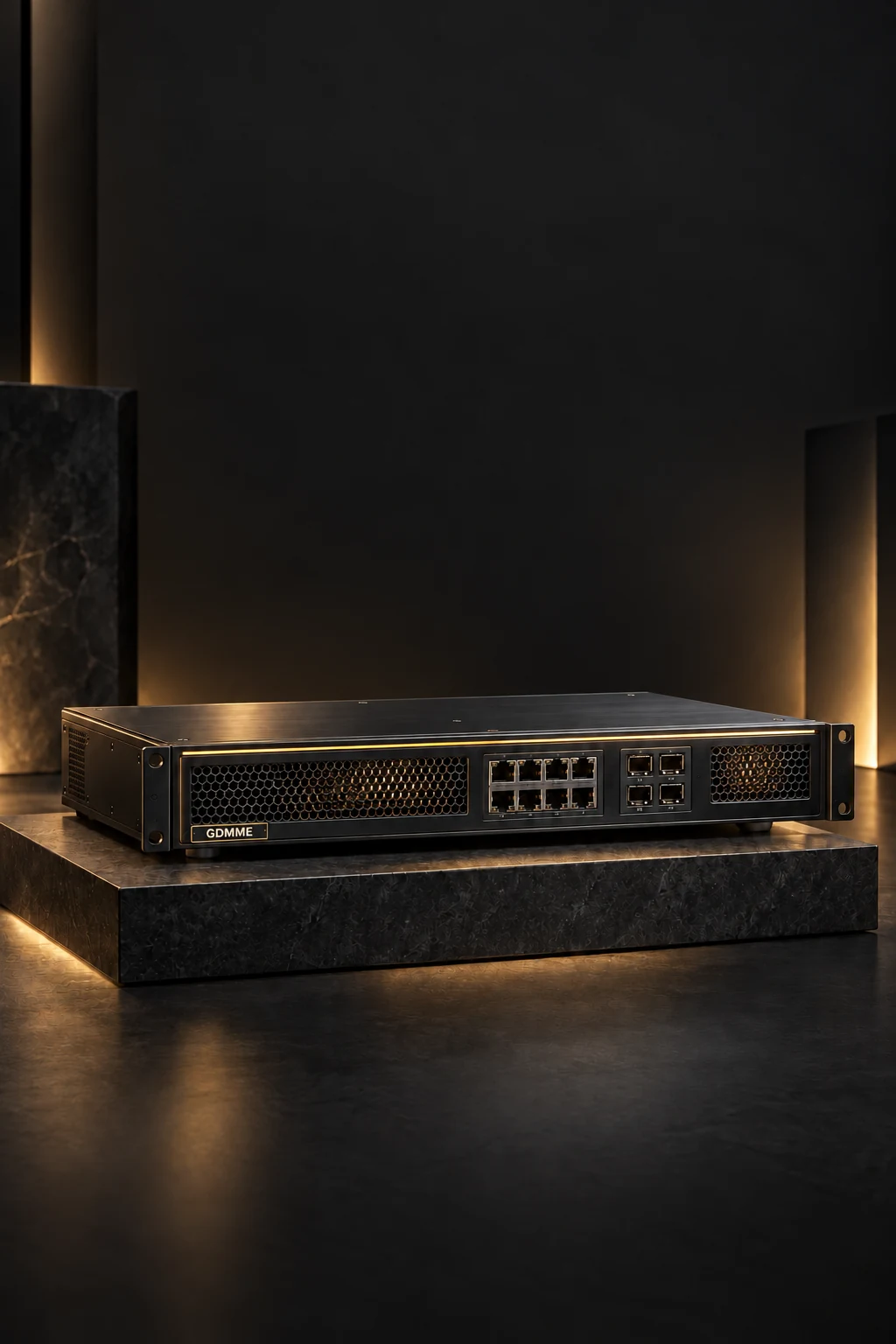 Black and gold GDMME appliance concept showing a honeycomb intake grille and grouped network interfaces