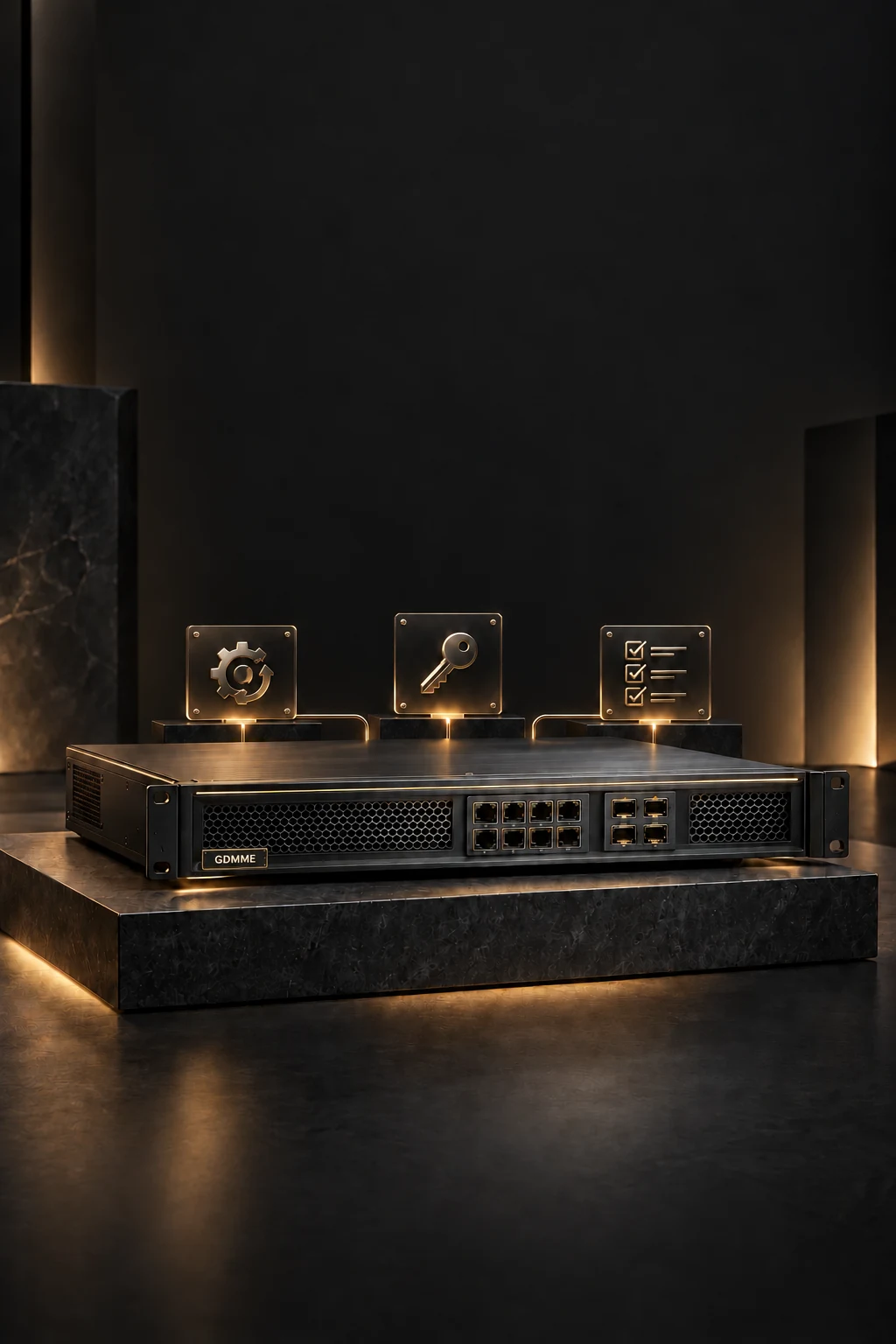 Black and gold GDMME appliance concept with update, access and follow-up panels